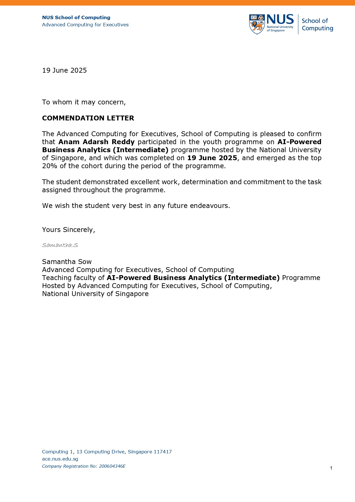 Commendation Letter (Top 20%) - NUS